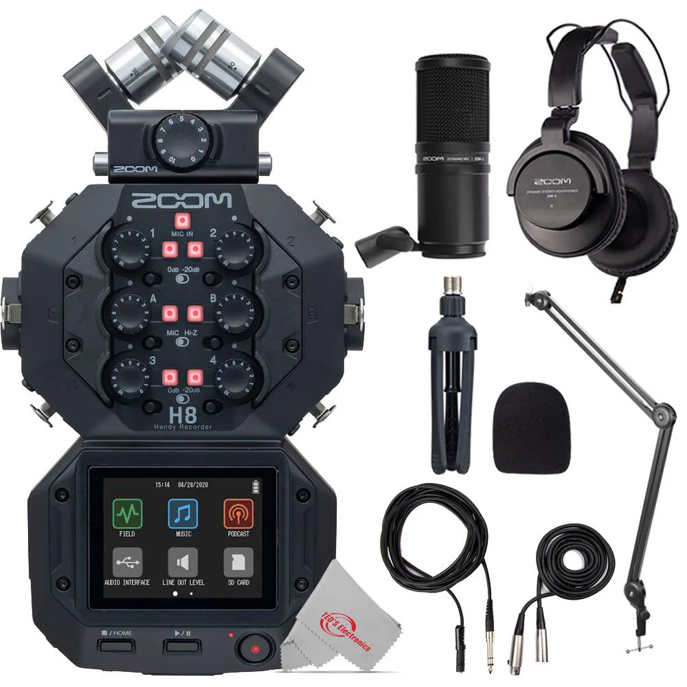 Zoom H8 8-Input / 12-Track Digital Handy Audio Recorder For Field Recording Music And Podcasting + Boya BY-BA20 Aluminum Alloy Desk Holder Microphone Stand Bracket + Zoom ZDM-1 Podcast Mic Pack Accessory Bundle
