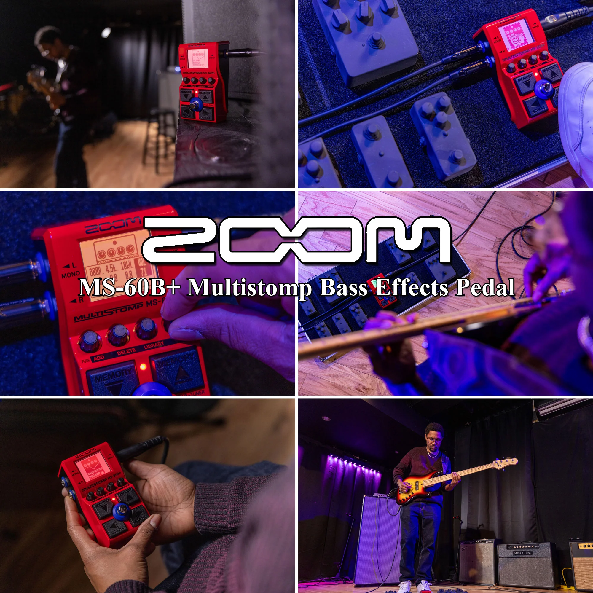 Zoom MS-60B+ MultiStomp Multi-FX Bass Pedal with Pig Hog Right Angle to Right Angle 1/4" Cables (3 Pc) and Xtreme Power Series 4AA/AAA Battery Charger - Image 2
