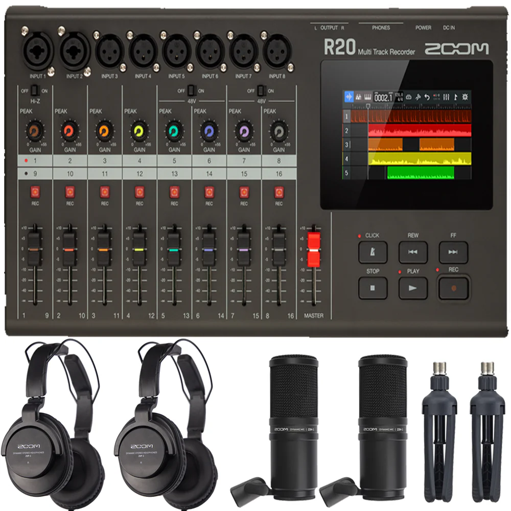 Zoom R20 Portable Multitrack Recorder + Zoom ZDM-1 Podcast Mic Pack Accessory Bundle