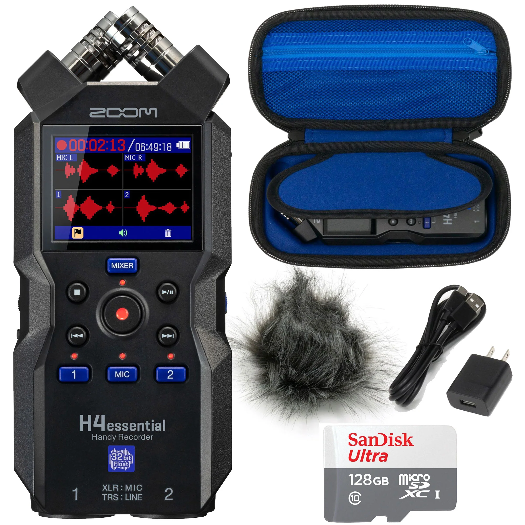 Zoom H4essential 4-Track Handy Recorder with Zoom APH-4e Accessory Pack and SanDisk 128GB Ultra UHS-I microSDXC Memory Card with SD Adapter