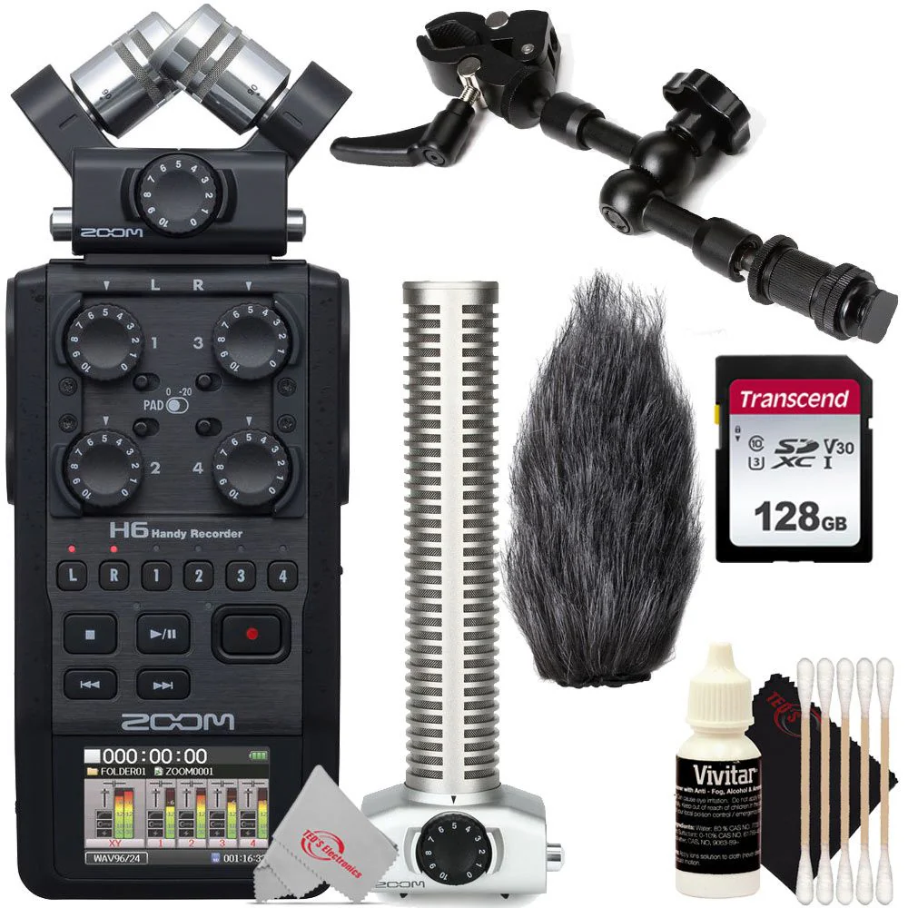 Zoom H6 All Black Handy Recorder + ZOOM HRM-11 11 Inch Handy Recorder Mount + Zoom SGH-6 Shotgun Microphone Capsule for Zoom H5 and H6 Recorders + 128GB Memory Card + 3pc Cleaning Kit