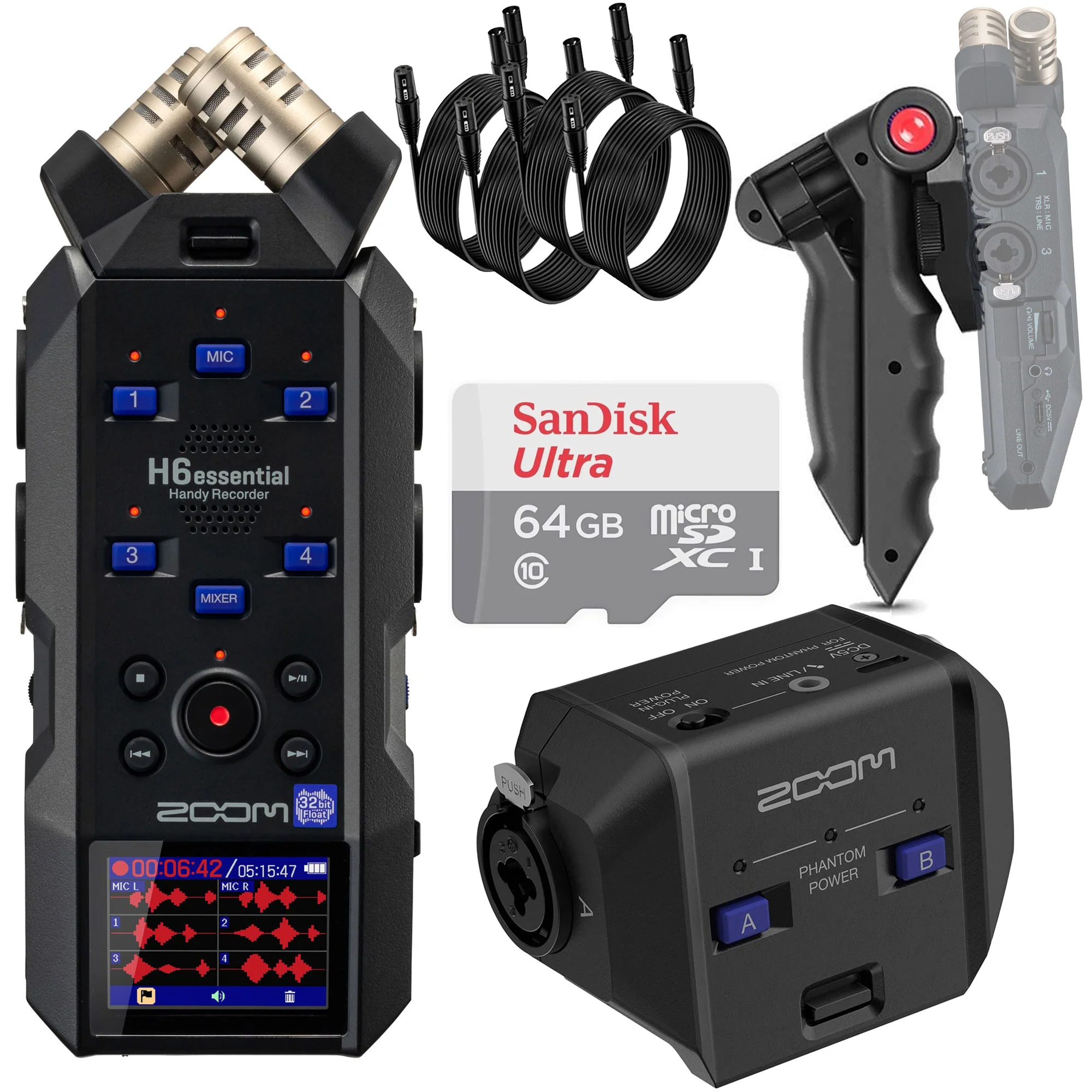 Zoom H6essential 6-Track 32-Bit Float Portable Audio Recorder with EXH-6e Dual XLR-1/4" TRS Input Capsule Accessory Bundle