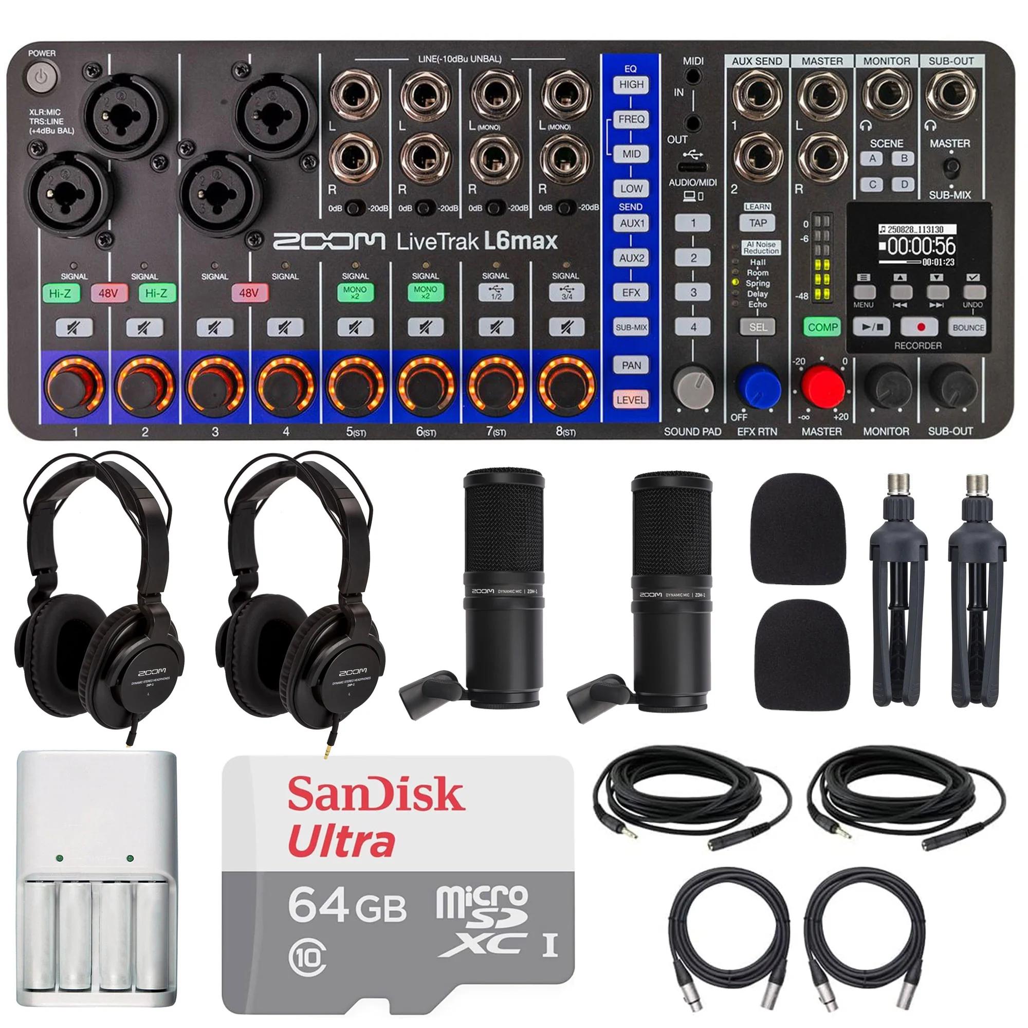 Zoom LiveTrak L6max Portable 12-Channel Mixer & Recorder with 2x ZDM-1 Podcast Mic Pack + Pro Audio Bundle