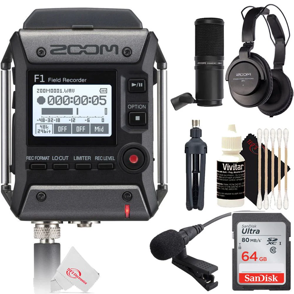 Zoom F1-LP 2-Input / 2-Track Portable Digital Handy Multitrack Field Recorder + Lavalier Microphone + AAA Batteries + 64GB Memoory Card + Zoom ZDM-1 Podcast Mic Pack Accessory Bundle + 3pc Cleaning Kit