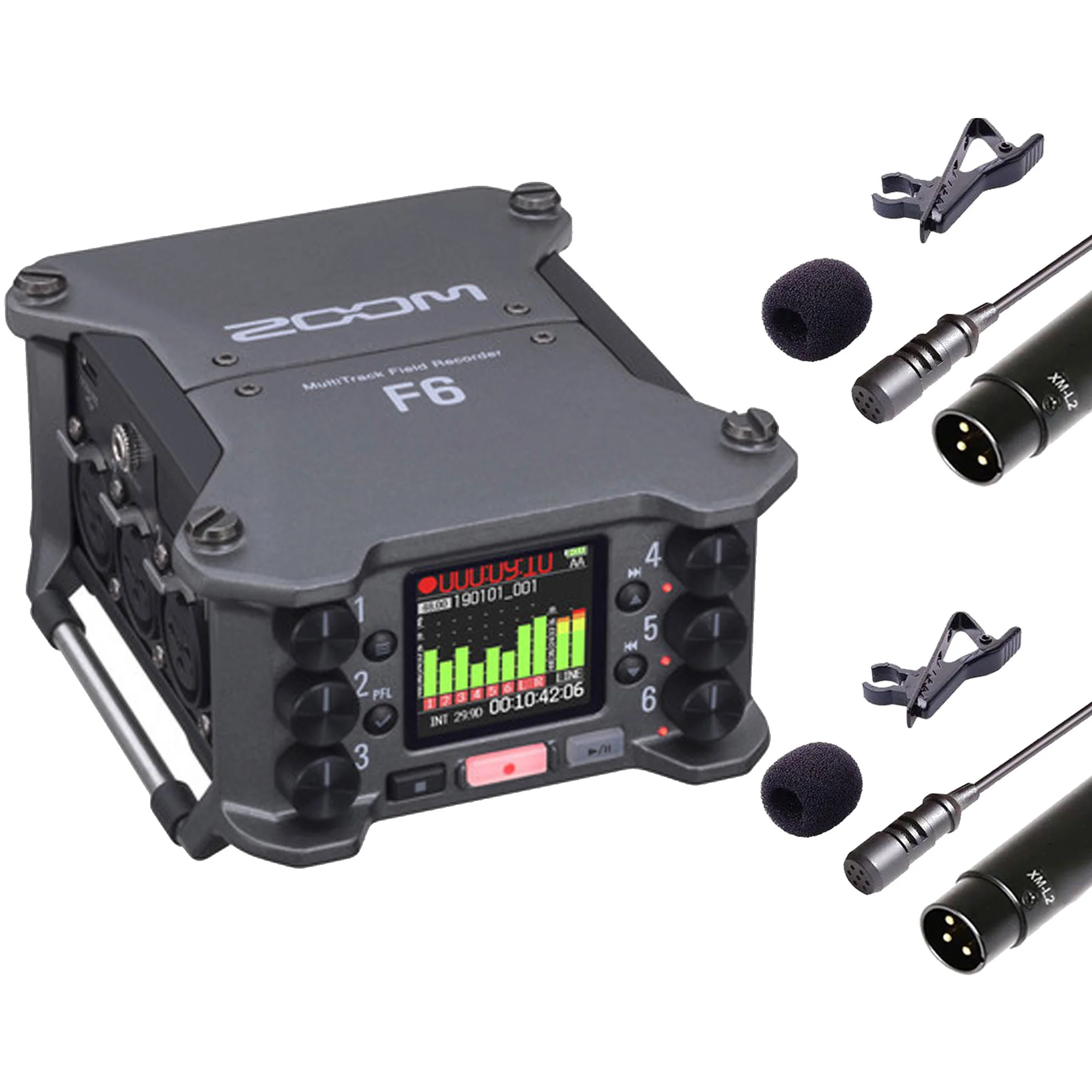 Zoom F6 6-Input / 14-Track Multi-Track Field Recorder with 2x Vidpro Professional Wired XLR Lavalier Microphone XM-L2 for Pro Audio Equipment
