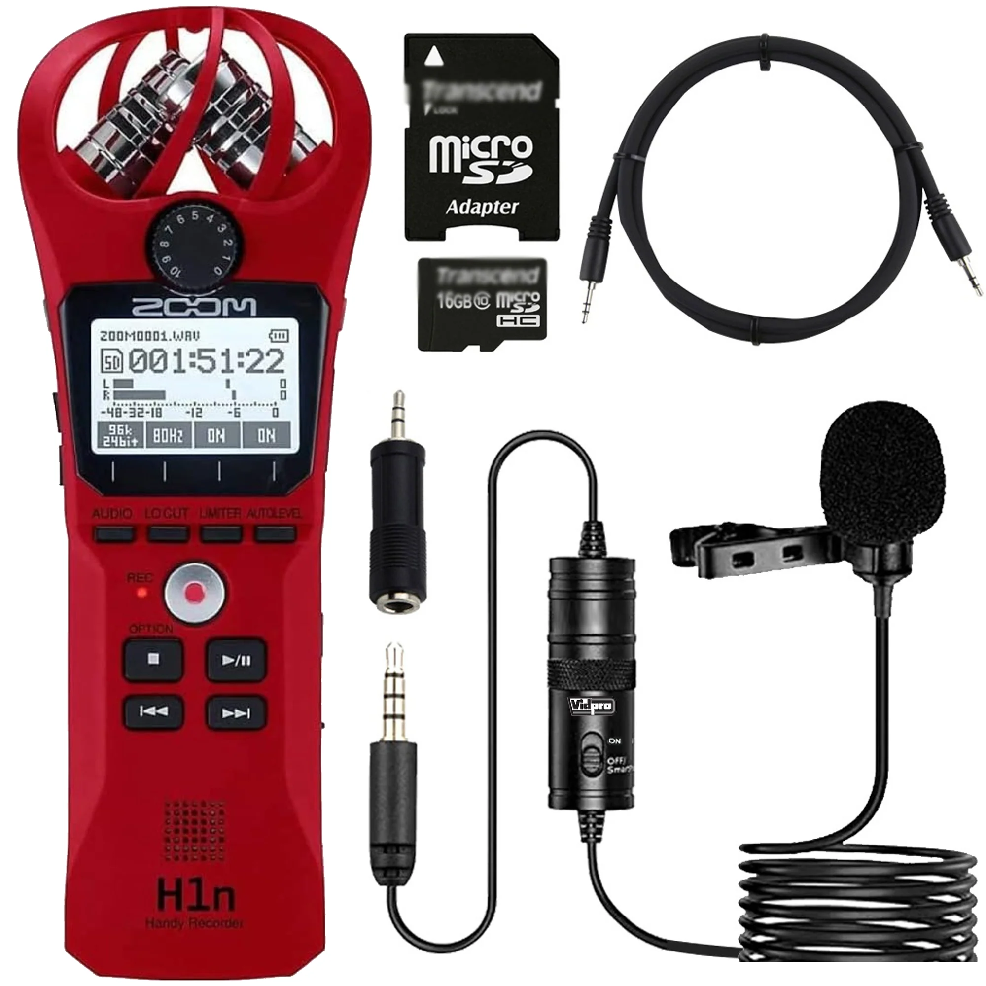 Zoom H1n 2-Input / 2-Track Portable Digital Handy Recorder (Red) with Vipro Lavalier Condenser Microphone and Accessory Bundle