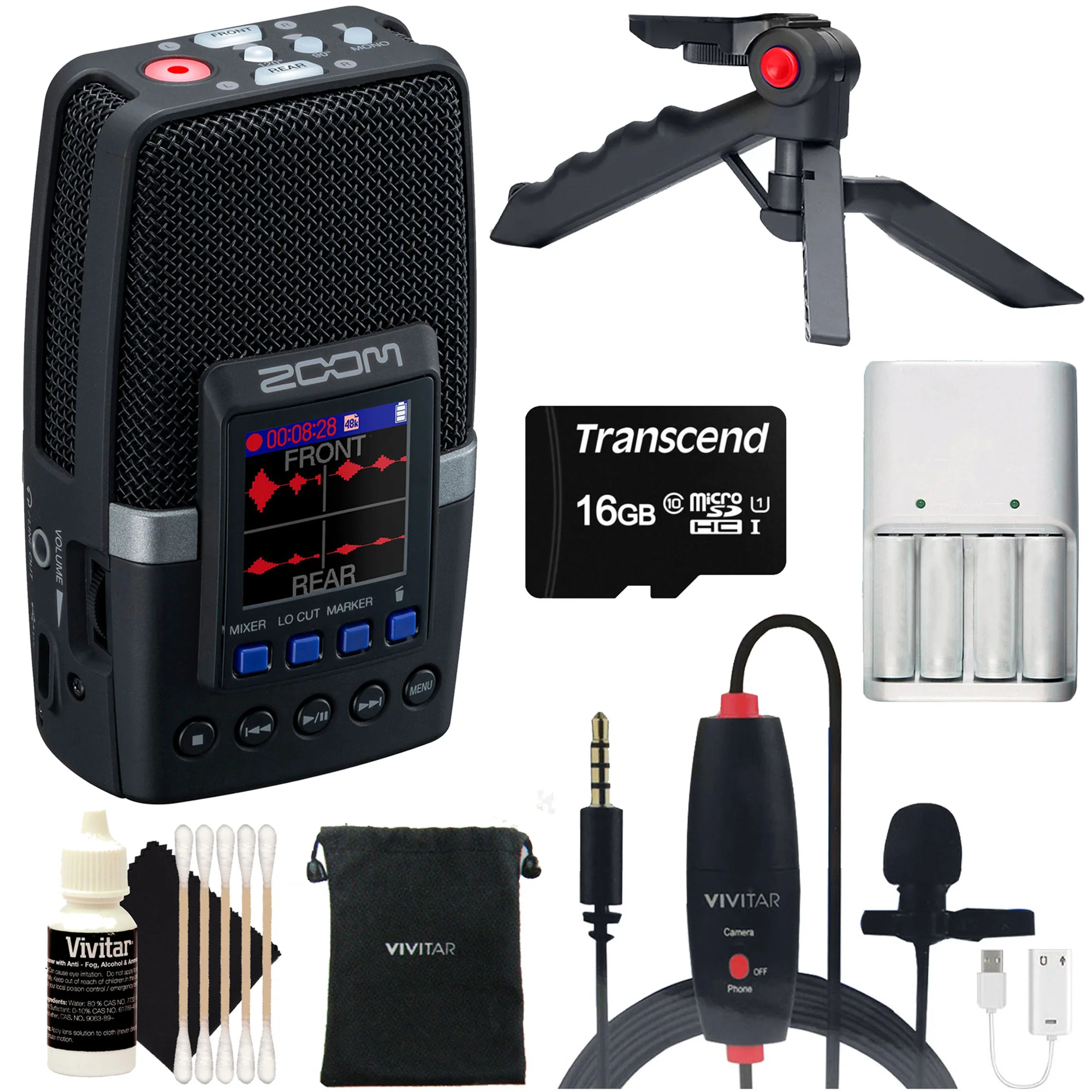 Zoom H2essential Multi-Mic 32-Bit Float Handy Recorder + Mini Lavalier Streaming Microphone Omni Directional with USB Adapter Bundle