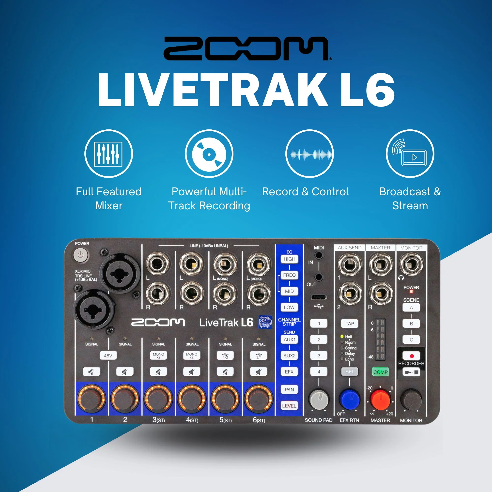 Zoom LiveTrak L6 10-Track Digital Mixer / Recorder with Samson SR350 Stereo Headphones Accessory Bundle - Image 2