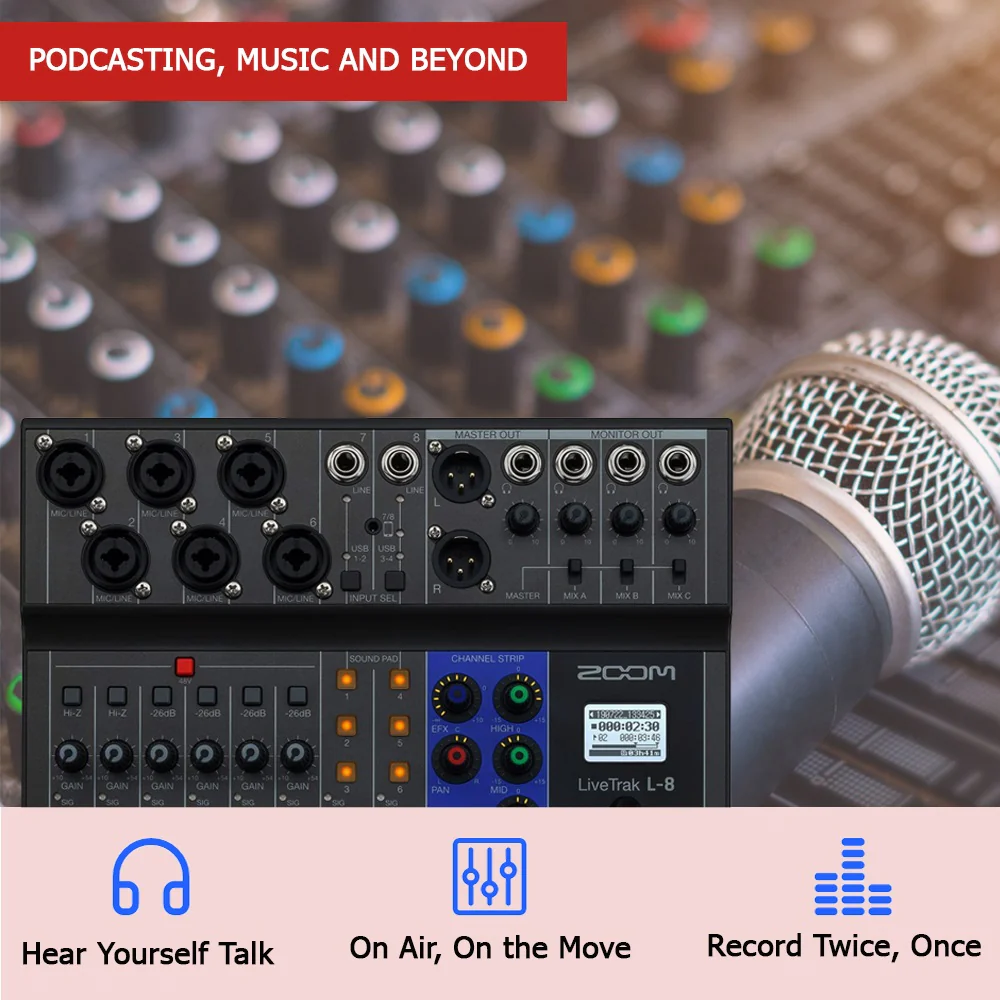 Zoom LiveTrak L-8 Portable Podcast 8-Track Digital Mixer And Multitrack Recorder + Microphone Accessory Kit - Image 9