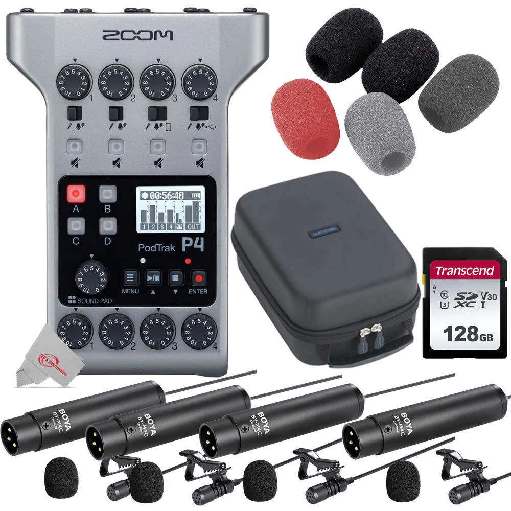Zoom PodTrak P4 Portable Multitrack Podcast Recorder + Four Boya BY-M4C Cardioid Lavalier Microphone + Zoom SCU-20 Universal Soft Shell Case + Zoom WSL-1 Windscreen for LMF-1 / LMF-2 Lavalier Microphone + 128GB Memory Card