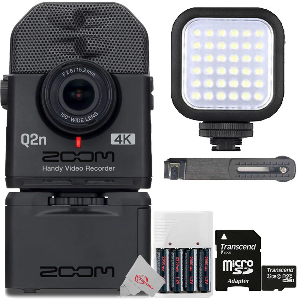 Zoom Q2n-4K Ultra High Definition Handy Video Recorder + ZOOM BCQ-2N Battery Case +  Digital Compact LED Video Light + 32GB MicroSD Card + Rechargeable Battery&Charger