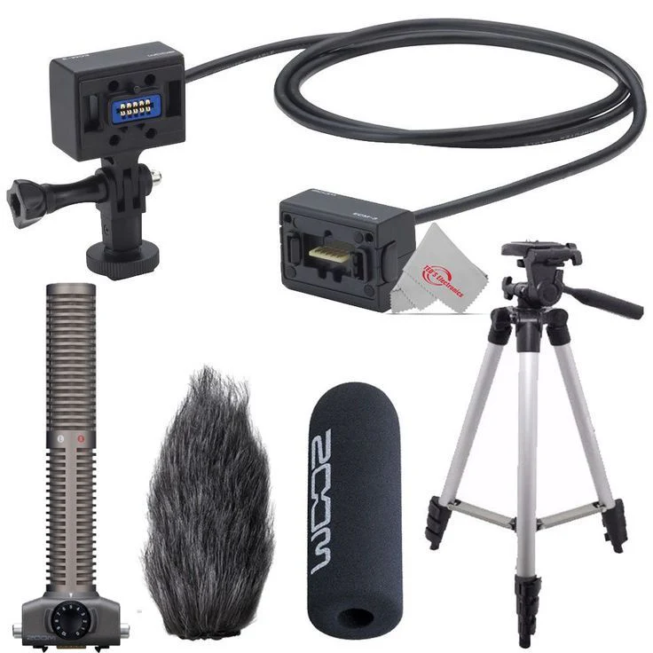 Zoom ECM-3 9.8' Extension Cable for Mic Capsule with Action Camera Mount + Zoom SSH-6 Stereo Shotgun Microphone Capsule + ZOOM WSS-6 Windscreen For SSH6 and SSH-6 Shotgun Mic Capsules + Tall Tripod